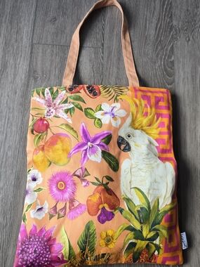 Tropical Cockatoo Floral Canvas Tote Bag Zip Pocket Peach Orange Boho Summer